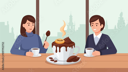 Two people enjoying hot chocolate and coffee at a cafe with a cityscape view