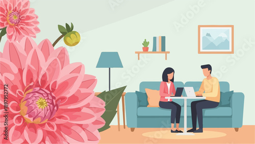 Two people work on laptops in a cozy living room with large pink flowers