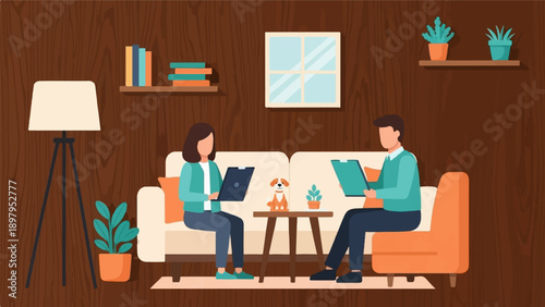 Two people sit on a couch with laptops, a dog and plants in room