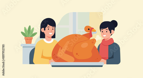 Two people smile and present a roasted turkey, a houseplant nearby