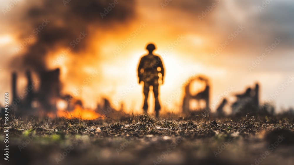Fototapeta premium Soldier stands alone in front of burning ruins at sunset in a war zone