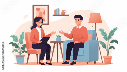 Two people talking in a cozy room with plants and a lamp