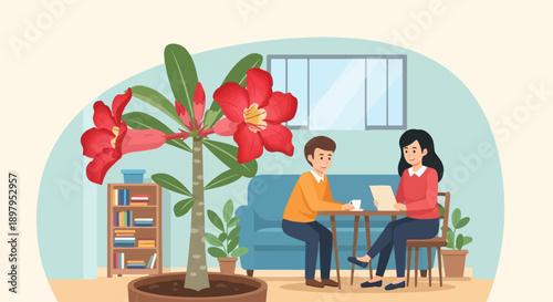 Two people sit at a table in a room with a plant and books