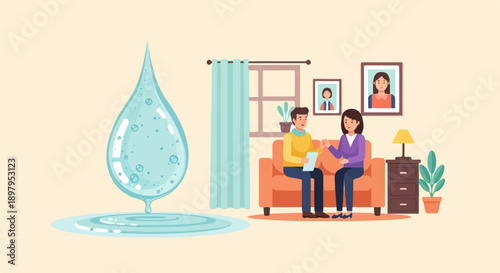Two people sit on a sofa in a room with framed pictures and a large water droplet