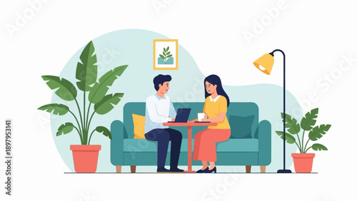 Two people sit on a sofa, one using a laptop, with plants