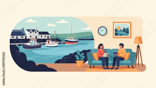 Two people sit on a sofa while boats are in a harbor and houses are nearby