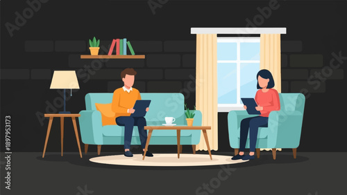 Two people relax in a modern living room, each with a tablet