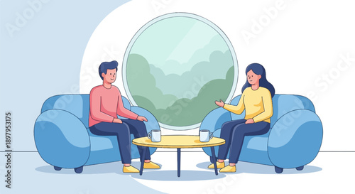 Two people sit on blue sofas, talking over a yellow coffee table