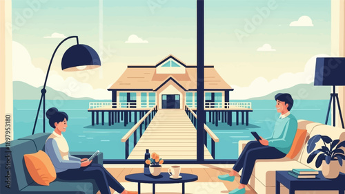 Two people relax indoors with a view of a pier and ocean house