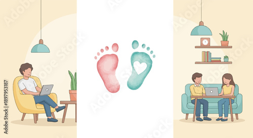 Two people using laptops in different settings, with baby footprints