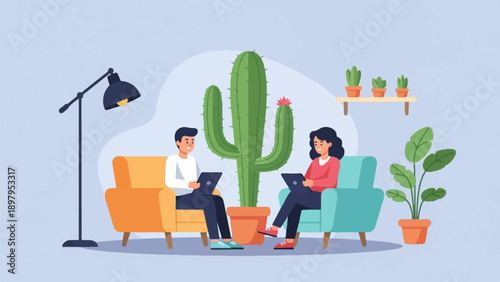 Two people sit on comfortable chairs, working on laptops amidst indoor plants