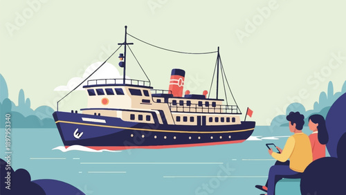 Two people watch a ferryboat sail on the water near a rocky shoreline