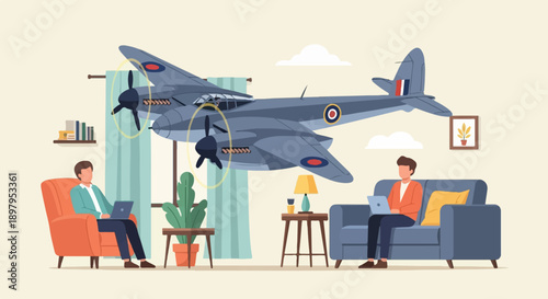 Two people sit comfortably indoors working on laptops while a vintage airplane flies overhead