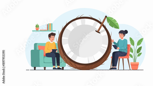 Two people sit in a room with a giant coconut