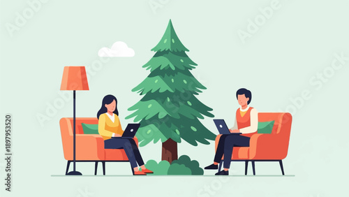 Two people sit on orange couches, laptops on laps, near a large evergreen