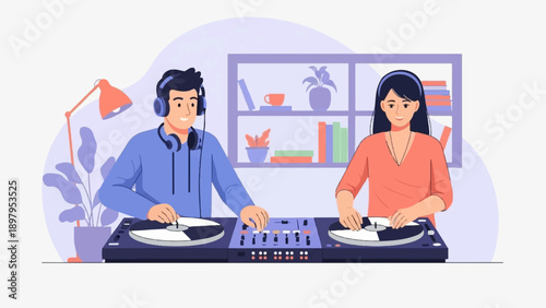 Two people with headphones behind DJ turntables in a room with a shelf
