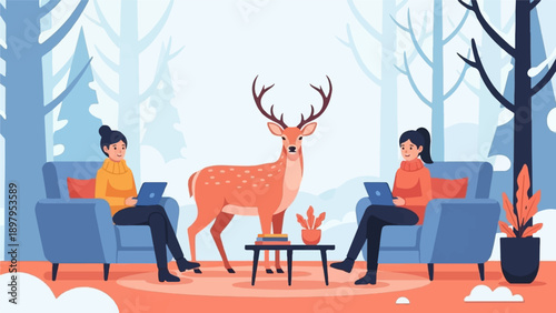 Two people with laptops sit in chairs near a deer in a forest