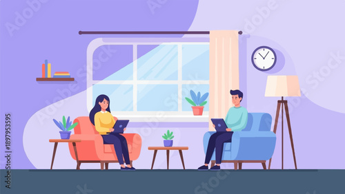 Two people sit on sofas in a living room using laptops