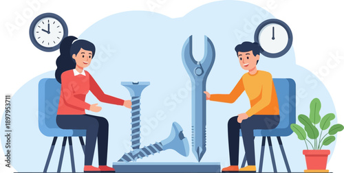 Two people with tools, screws, clocks, and a plant
