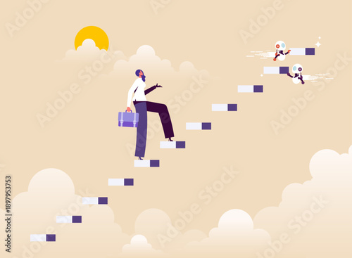 Artificial intelligence helping to support career development, ladder of success concept, robot stacking blocks as a stair to assist businesswoman career growth