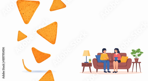 Two people relax on a couch with snacks and a plant