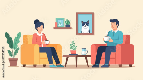 Two people relax in armchairs, sipping hot drinks and enjoying each other's company