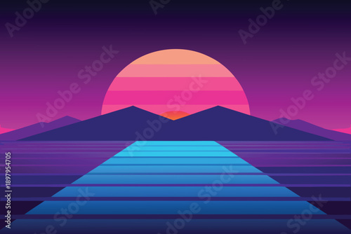 Pyramids of Giza under a colorful sunset sky with desert landscape and moonlit night atmosphere