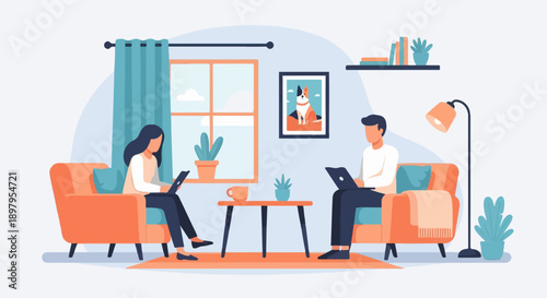 Two people relax on armchairs using laptops in a cozy living room