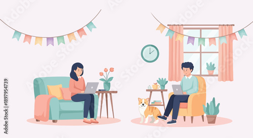 Two people work on laptops in a cozy room with a dog and plants