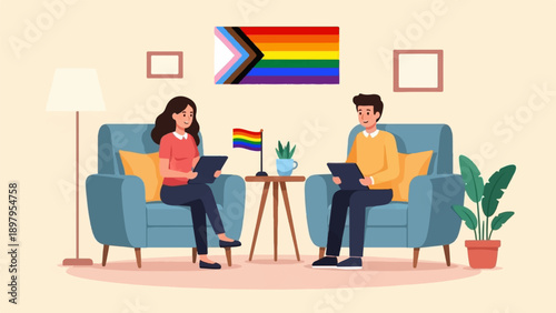 Two people sit in armchairs, looking at tablets, rainbow flags displayed