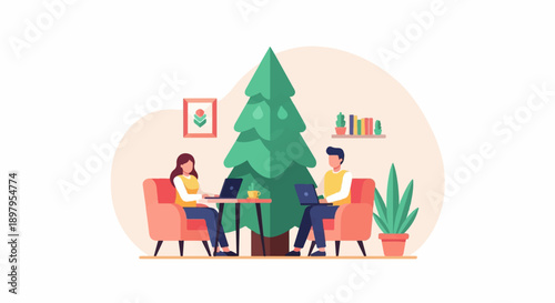 Two people work on laptops in a cozy room with a large tree