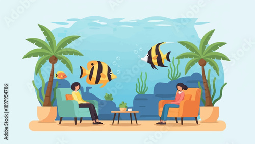 Two people relax in armchairs watching fish swim in an aquarium
