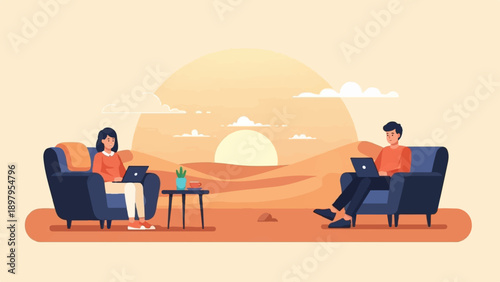 Two people relax in armchairs using laptops with a desert sunset in the background