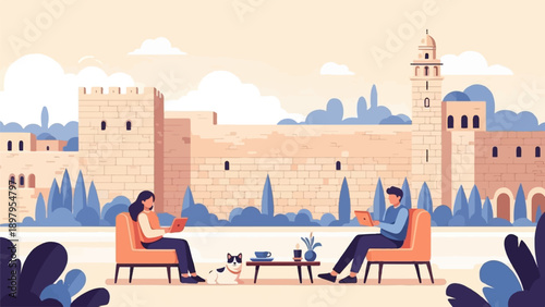 Two people relax on chairs with laptops and a dog near ancient architecture