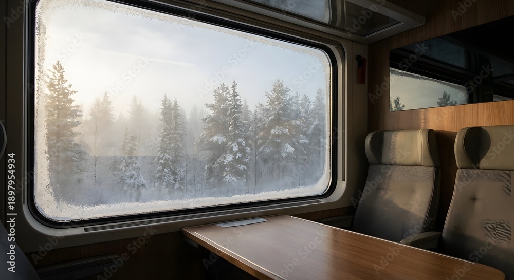 Obraz premium Cinematic view from a modern train window overlooking a snowy pine forest in morning mist. Minimalist interior with frost details and soft sunlight.