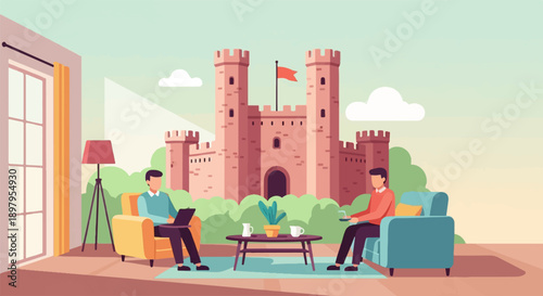 Two people relax in armchairs with a laptop and tablet, castle backdrop