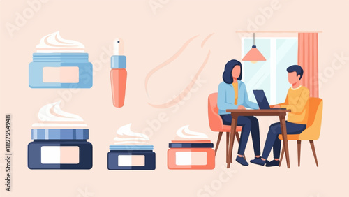 Two people work on a laptop at a table near skincare products