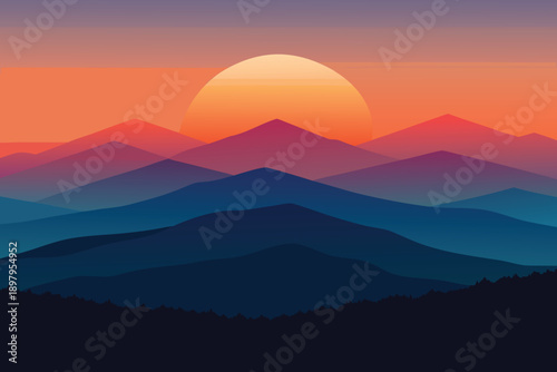 Misty mountain landscape with sunrise and sunset light over forest valley peaks