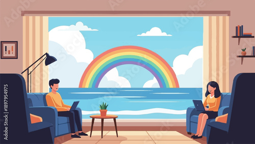 Two people work on laptops in a cozy room with a vibrant rainbow outside