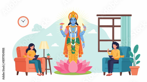 Two people sit in armchairs while a divine blue figure floats above a lotus