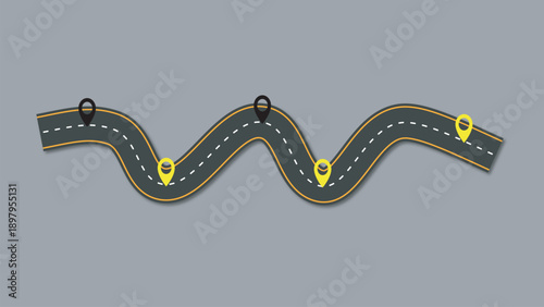 Winding Road with Location Pins on Gray Background, Navigation, Journey, Travel Concept