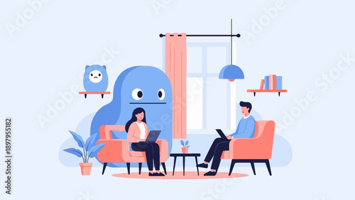 Two people sit in armchairs, working on laptops in a cozy, stylized room