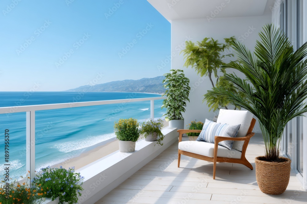 Obraz premium Balcony ocean view overlooking sandy beach and mountains