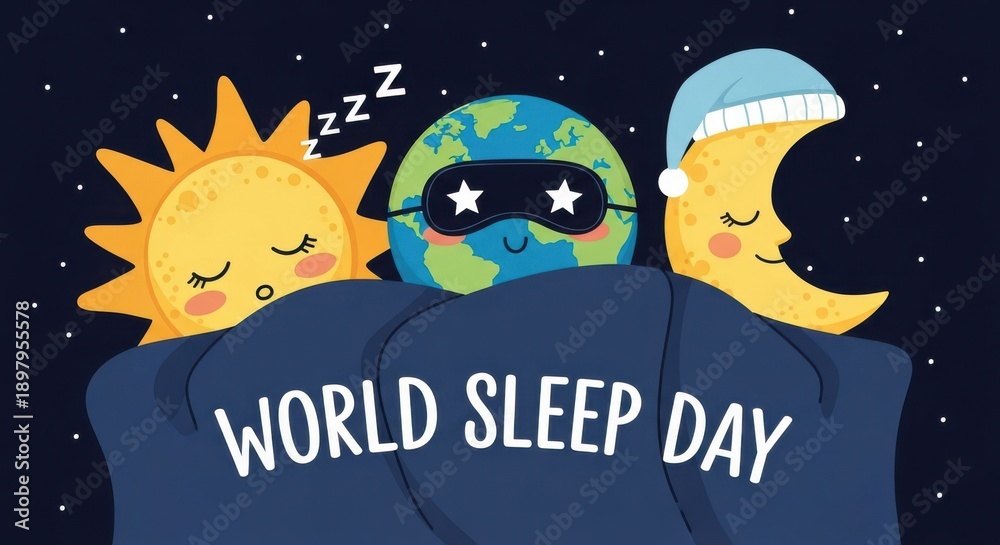 Fototapeta premium World Sleep Day illustration with sleeping sun, earth, and moon