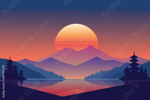 A peaceful mountain landscape with misty hills, glowing sky, and soft sunlight at dawn and dusk