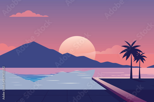 Tropical beach sunset over the ocean with palm trees waves and summer vacation vibe