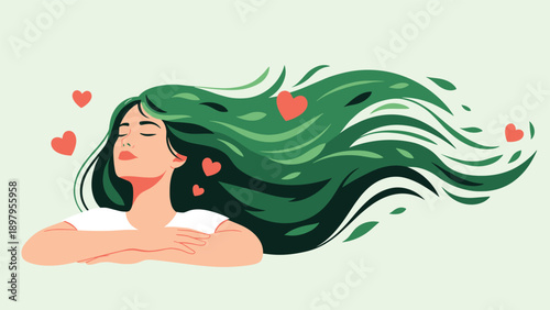 Beautiful young woman with flowing green hair and closed eyes enjoying a moment of inner peace and self-love surrounded by floating red hearts.