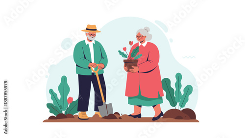 Senior man and woman gardening together as a hobby while holding a shovel and a potted flower during their peaceful retirement in the yard.