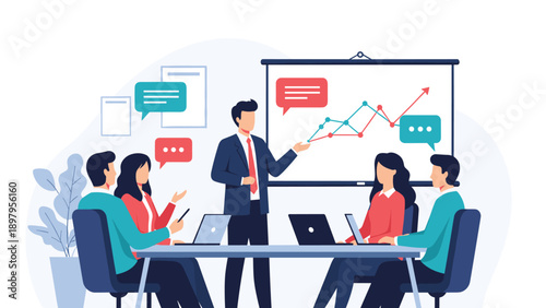 Team of professionals having a collaborative meeting while analyzing a growth graph on a screen and exchanging ideas in the office.