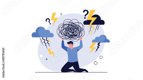 Stressed person kneeling under the weight of a heavy tangled ball of thoughts while surrounded by dark storm clouds and lightning.